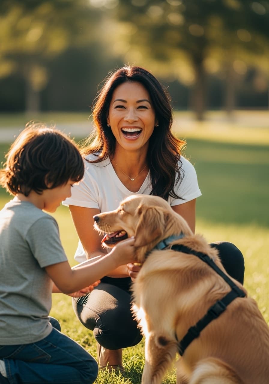 A family enjoying time together outdoors with their dog